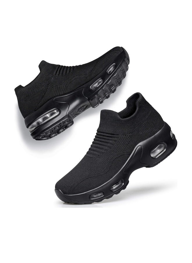 DOUSSPRT Womens Walking Sneakers Slip on Sock Shoes Mesh Air Cushion Platform Workout Tennis Loafers Fashion Casual 002 allblack US Size 8.5 - Image 1