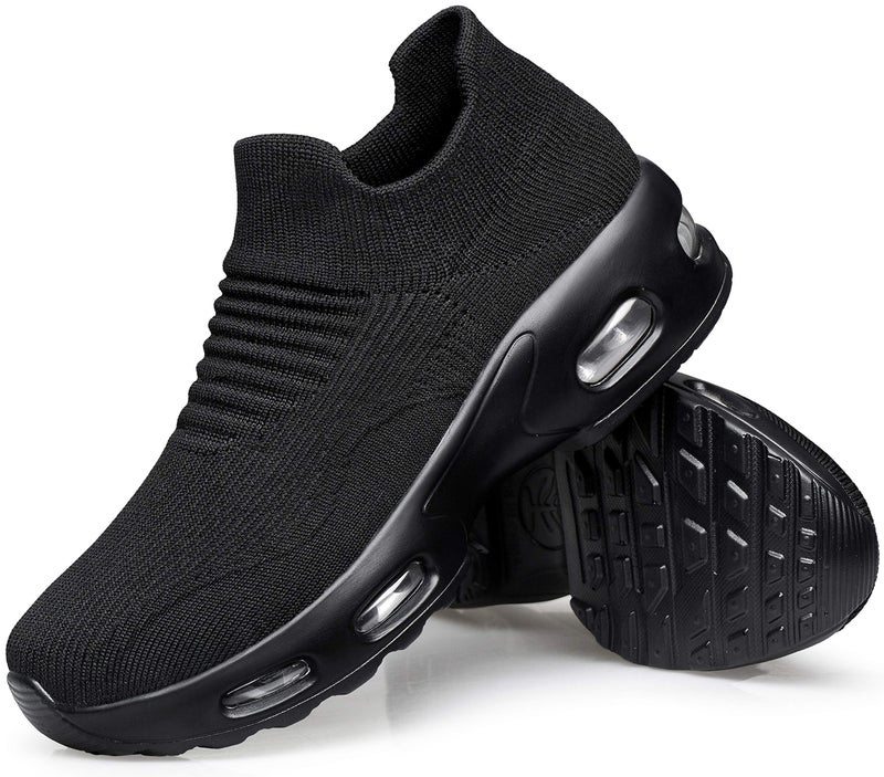 DOUSSPRT Womens Walking Sneakers Slip on Sock Shoes Mesh Air Cushion Platform Workout Tennis Loafers Fashion Casual 002 allblack US Size 8.5 - Image 3