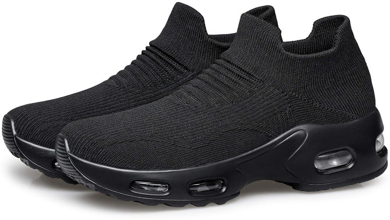DOUSSPRT Womens Walking Sneakers Slip on Sock Shoes Mesh Air Cushion Platform Workout Tennis Loafers Fashion Casual 002 allblack US Size 8.5 - Image 4