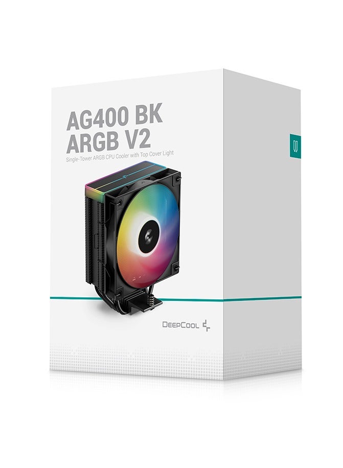 DEEPCOOL AG400 BK ARGB V2 CPU Air Cooler, 120mm PWM ARGB Fan, 4 Heatpipes, Black Tower Heatsink with Top Cover Light, Intel & AMD Compatible, 154mm Height, Quiet High-Performance Cooling, Black | R-AG400-BKAMMN-GJD - Image 1