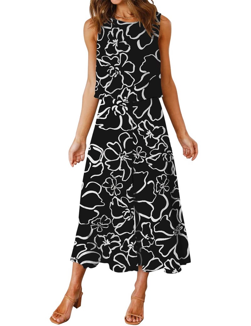 ROYLAMP Women's Summer 2 Piece Outfits Round neck Crop Basic Top Cropped Wide Leg pants Set Jumpsuits Black Floral L - Image 1