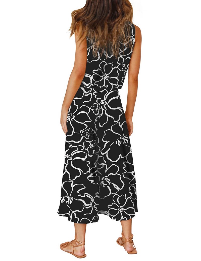 ROYLAMP Women's Summer 2 Piece Outfits Round neck Crop Basic Top Cropped Wide Leg pants Set Jumpsuits Black Floral L - Image 4