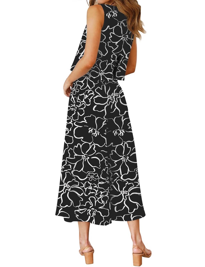 ROYLAMP Women's Summer 2 Piece Outfits Round neck Crop Basic Top Cropped Wide Leg pants Set Jumpsuits Black Floral L - Image 3