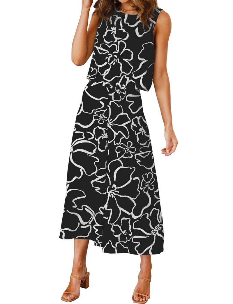 ROYLAMP Women's Summer 2 Piece Outfits Round neck Crop Basic Top Cropped Wide Leg pants Set Jumpsuits Black Floral L - Image 2