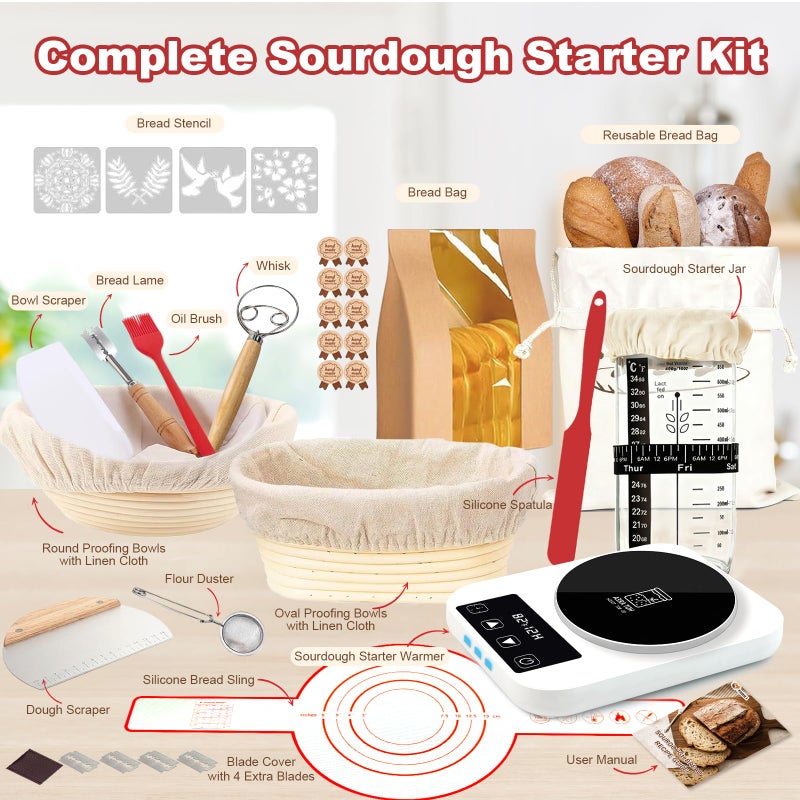 YONILL Sourdough Starter Kit with Warmer, Glass Jar and Banneton Bread Proofing Basket - Complete Sourdough Bread Baking Supplies, Sour Dough Making Essentials Tools, Gift for Bakers Beiginner Women Wife Mom - Image 2