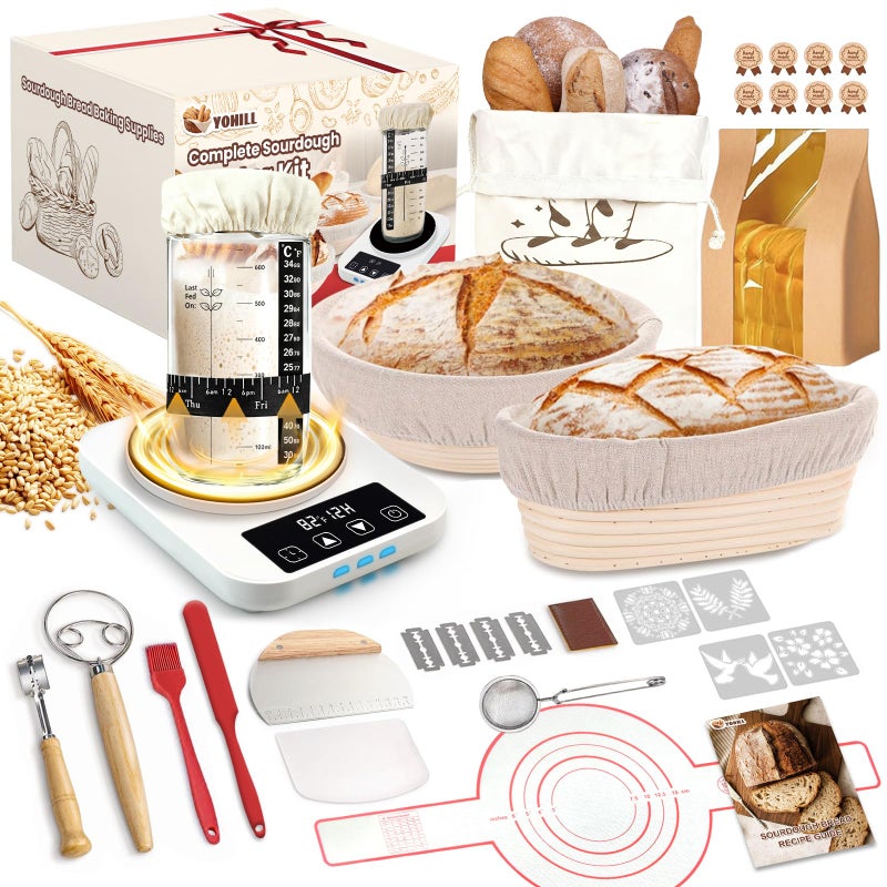 YONILL Sourdough Starter Kit with Warmer, Glass Jar and Banneton Bread Proofing Basket - Complete Sourdough Bread Baking Supplies, Sour Dough Making Essentials Tools, Gift for Bakers Beiginner Women Wife Mom - Image 1