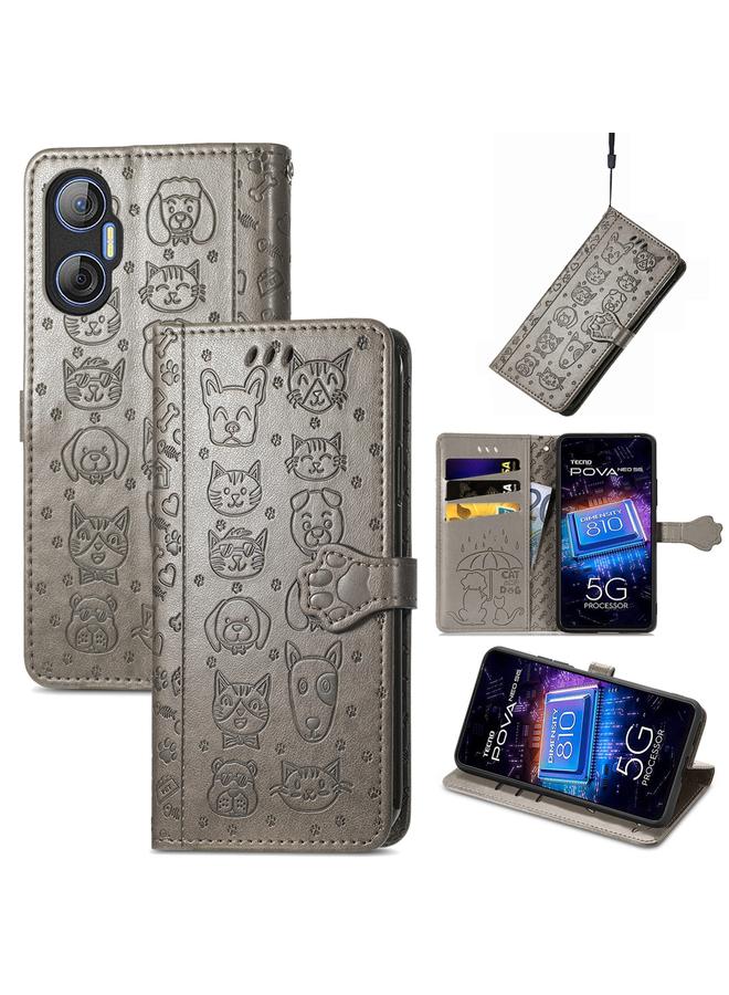 erorex Case For Tecno Pova Neo 5G Cat and Dog Embossed Phone Leather Phone Case - Image 1