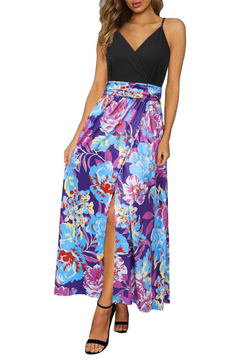 Newshows Women's 2026 Summer Maxi Dress Spaghetti Strap Spring Casual Boho V Neck Split Beach Long Flowy ding Guest Dresses Semi Formal Dresses Trendy(Blue Purple Colorful Floral,S) - Image 1
