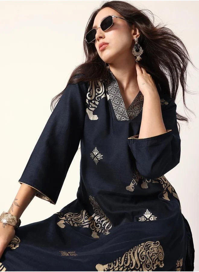 آي شين Women's Navy Polyester Blend Textured Tunic Full Palazzo Regular Fit Kurta Set