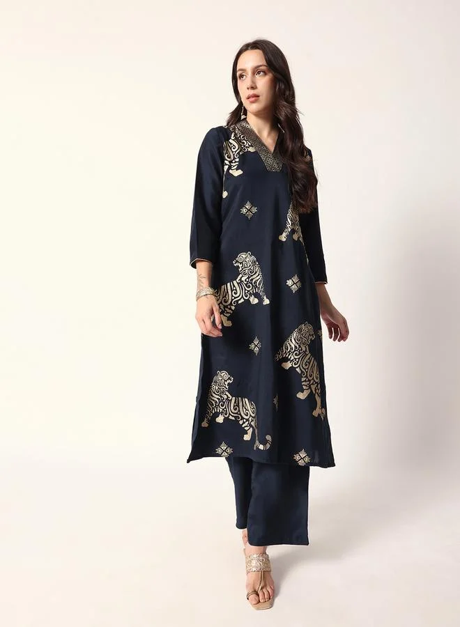 ISHIN Women's Navy Polyester Blend Textured Tunic Full Palazzo Regular Fit Kurta Set