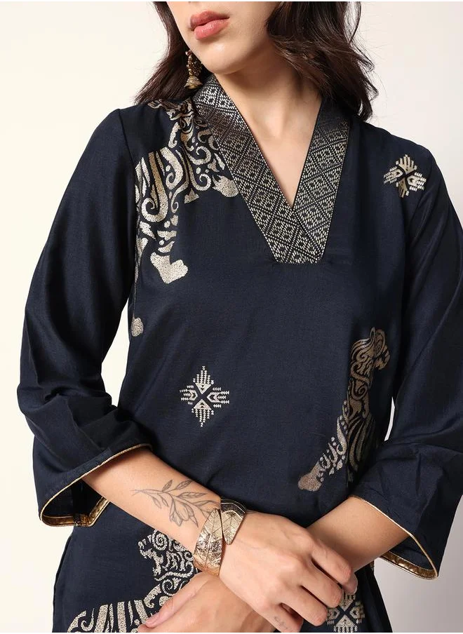 آي شين Women's Navy Polyester Blend Textured Tunic Full Palazzo Regular Fit Kurta Set