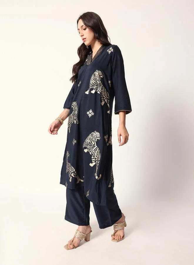 ISHIN Women's Navy Polyester Blend Textured Tunic Full Palazzo Regular Fit Kurta Set