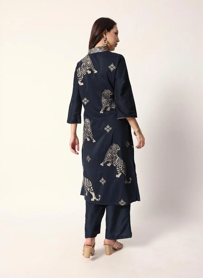 ISHIN Women's Navy Polyester Blend Textured Tunic Full Palazzo Regular Fit Kurta Set