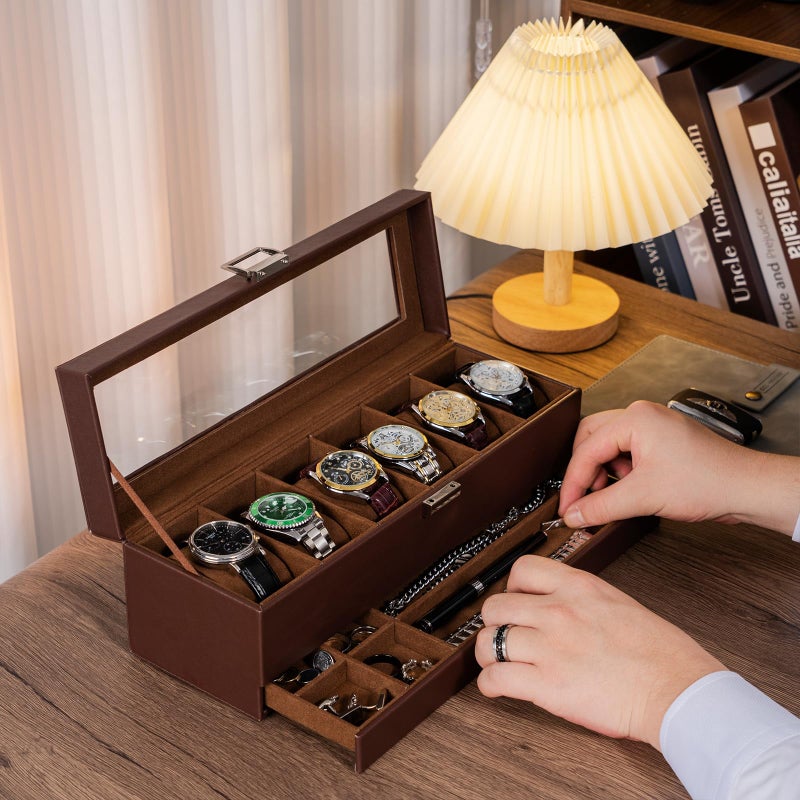 ProCase Watch Box for Men 6 Slot Watch Display Case with Drawer Mens Watch Case With Glass Lid 2Layer Jewelry and Watch Storage Watch Holder Organizer for Men Women 6 Slot Espresso - Image 5