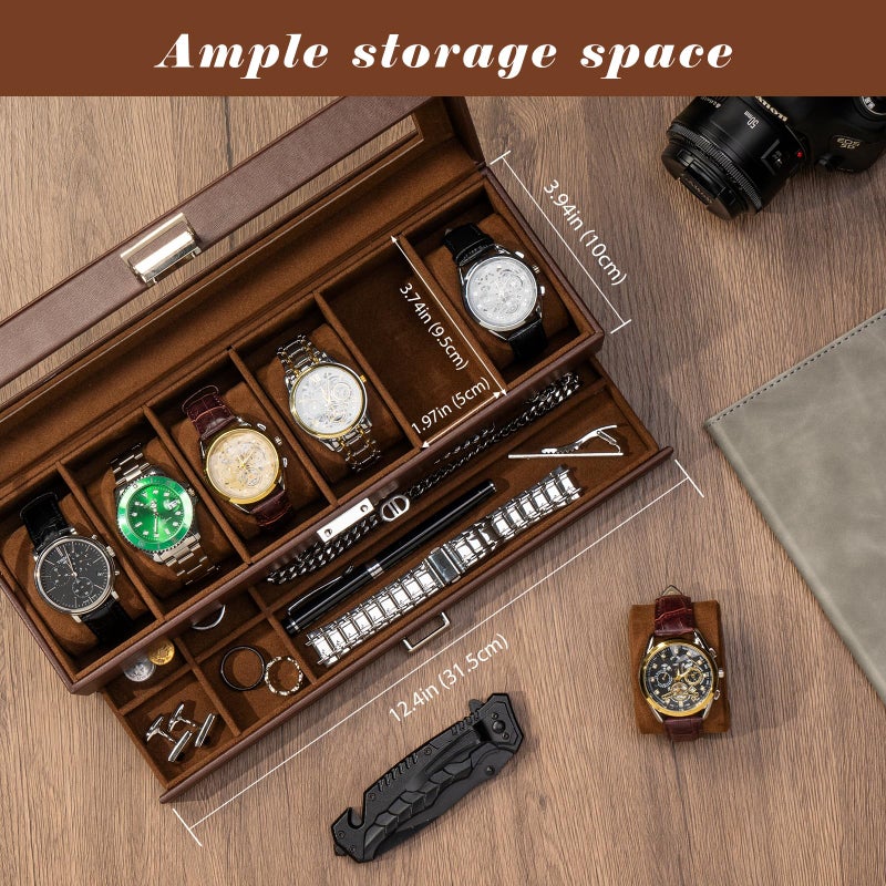ProCase Watch Box for Men 6 Slot Watch Display Case with Drawer Mens Watch Case With Glass Lid 2Layer Jewelry and Watch Storage Watch Holder Organizer for Men Women 6 Slot Espresso - Image 2