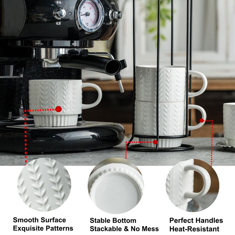 Miamolo Stackable Coffee Mugs, Coffee Mug Set of 4 with Spoons & Stand, 13oz Espresso Cups for Drinks Latte Cappuccino Tea, Coffee Cup for Housewarming Birthday Gift, Dishwasher Safe, White - Image 4