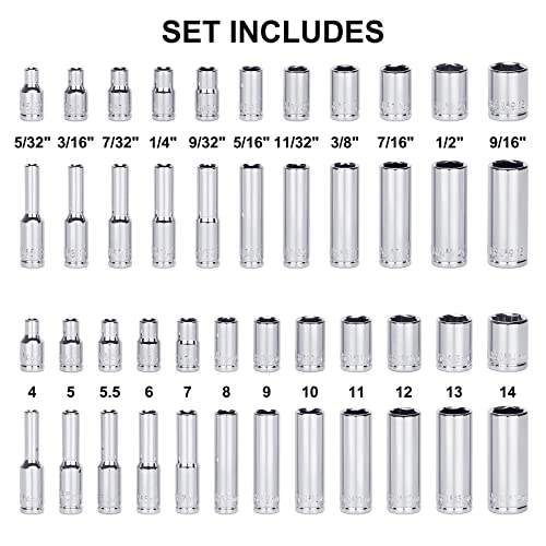 Mayouko 62 Pieces 1/4 Inch Drive Socket Set, SAE/Metric, 1/4" Dr. Socket Set with Ratchet and Adapters, 5/32-Inch - 9/16-Inch, 4mm - 14 mm - Image 3