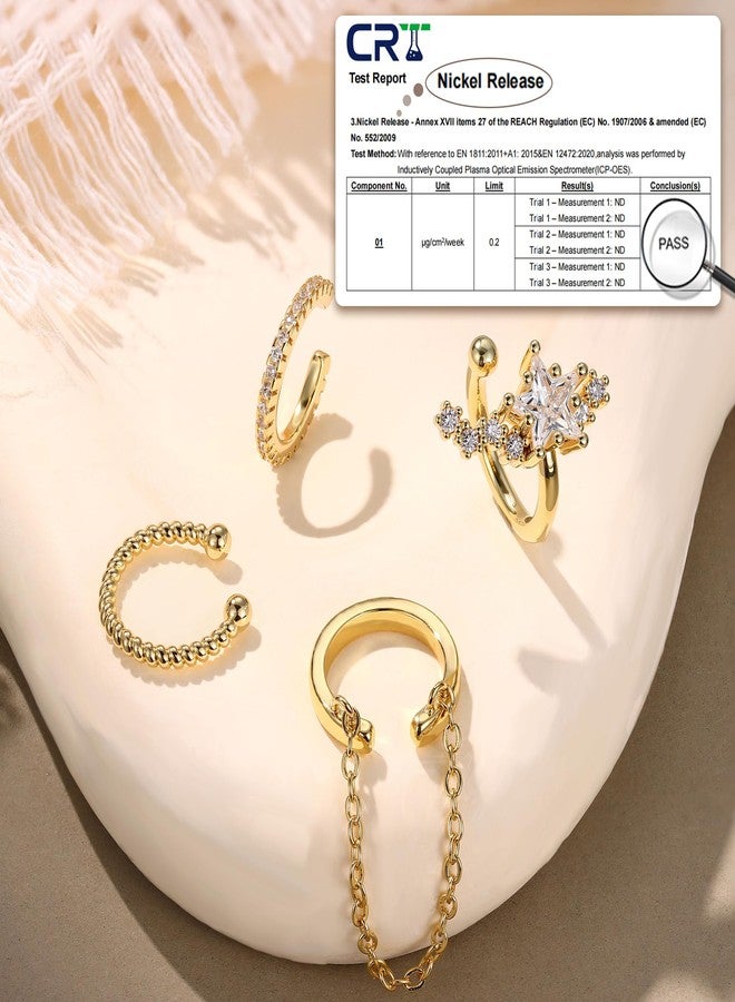 Florideco 4 PCS Ear Cuffs Non Piercing Hypoallergenic 14K Gold Plated Ear Cuff Earrings for Women Trendy CZ Clip On Cartilage Earring Set Dainty Adjustable Fake Piercings Earrings, Brass, Cubic - Image 3