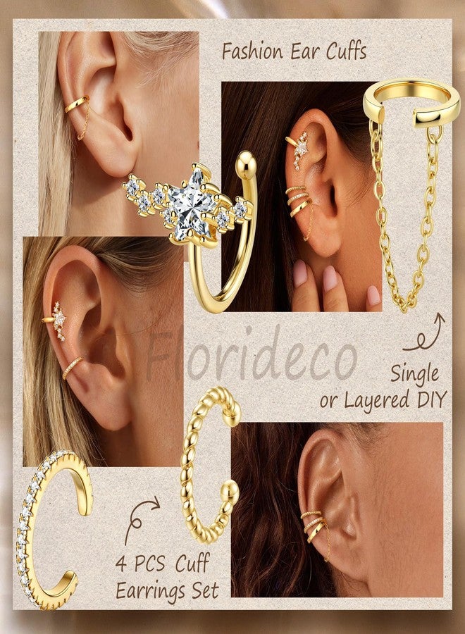 Florideco 4 PCS Ear Cuffs Non Piercing Hypoallergenic 14K Gold Plated Ear Cuff Earrings for Women Trendy CZ Clip On Cartilage Earring Set Dainty Adjustable Fake Piercings Earrings, Brass, Cubic - Image 4