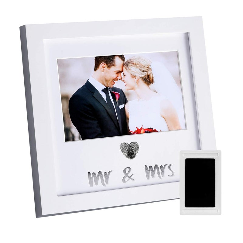 Jinchuan Heart Thumbprint Keepsake Frame and Ink Kit Wedding Picture Frame Wedding Registry Idea Shower Gift For Bride Newlywed (White Frame  Silver text) - Image 1