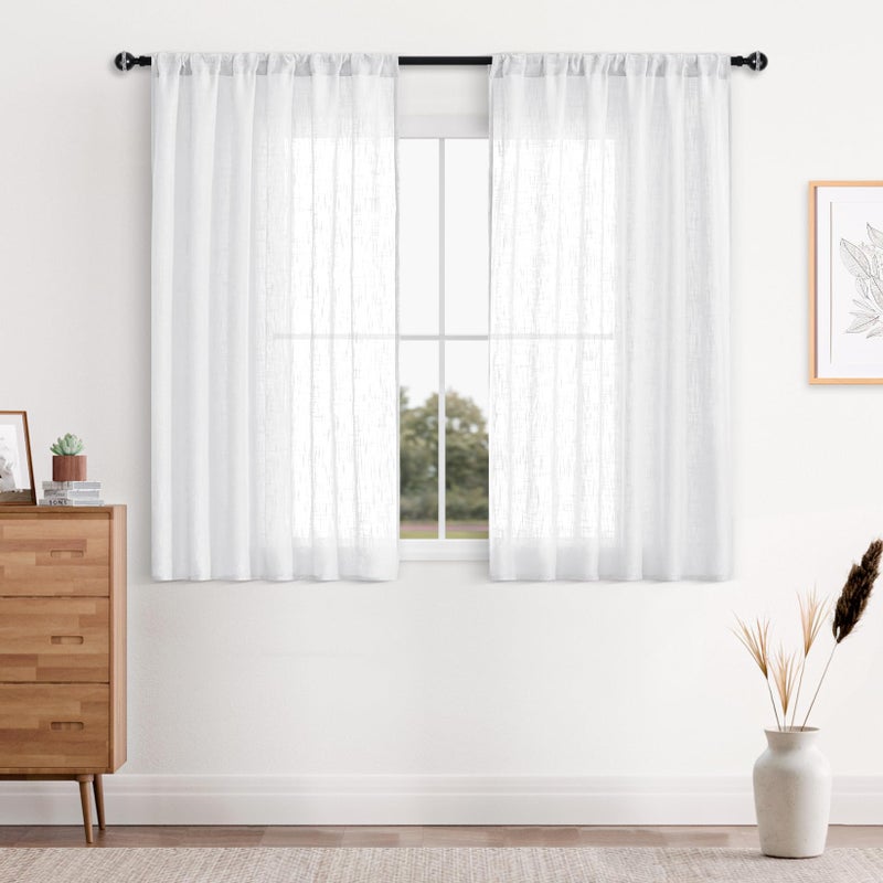 DWCN White Faux Linen Sheer Curtains  Textured Semi Voile Light Filtering Bedroom and Living Room Window Curtains Set of 2 Panels 42 x 54 Inch Length