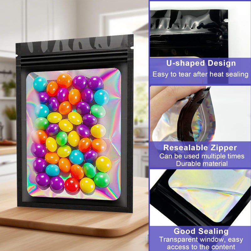 Arsmat 300 Pcs Holographic Mylar Bags Bulk, Smell Proof Resealable Bags with Clear Window, Foil Pouch for Small Business and Food Storage (Black, 4"x6"ï¼‰ - Image 4