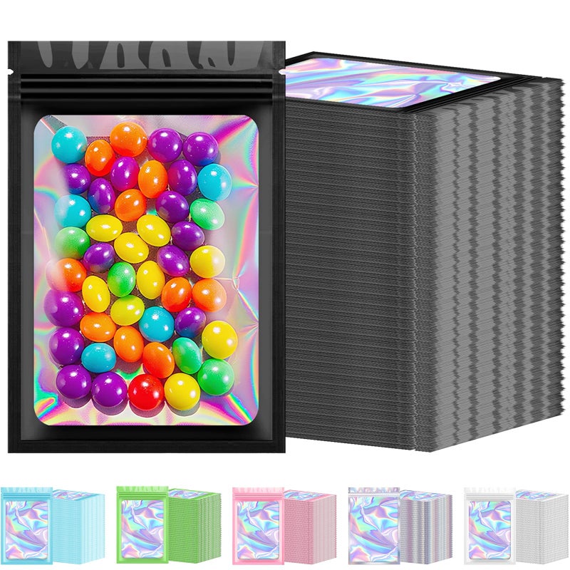 Arsmat 300 Pcs Holographic Mylar Bags Bulk, Smell Proof Resealable Bags with Clear Window, Foil Pouch for Small Business and Food Storage (Black, 4"x6"ï¼‰ - Image 1
