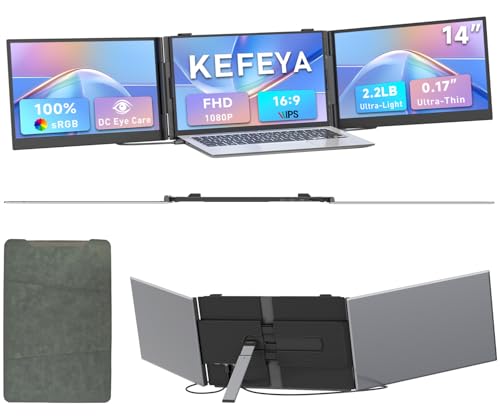 KEFEYA موسع شاشة لابتوب ثلاثي 0.17" فائق النحافة، شاشة محمولة 14" بدقة 1080P FHD لأجهزة اللابتوب 13-17.3"، موسع شاشة لابتوب بوزن 2.2 رطل الأخف، USB-C HDMI للتوصيل الفوري لأجهزة ماك وويندوز وPS وسويتش للسفر والعمل - Image 1