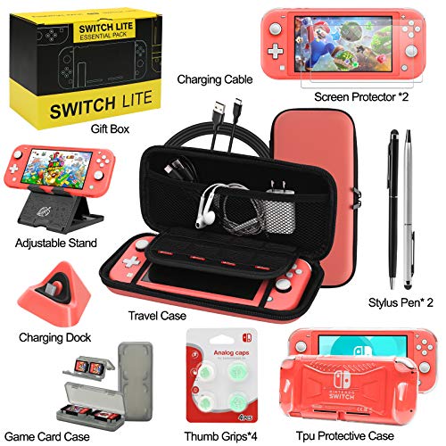 WDZREE Switch Lite Accessories Bundle, Kit with Carrying Case,TPU Case Cover with Screen Protector,Charging Dock,Playstand, Game Case, USB Cable, Stylus,Thumb Grip Caps for Nintendo Switch Lite - Image 2