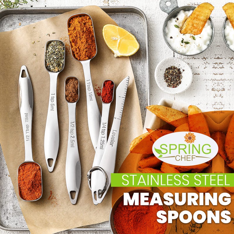 Spring Chef Stainless Steel Measuring Spoons Set of 6 with Leveler, Rectangular Metal Teaspoon & Tablespoon Measuring Spoons for Dry & Liquid Ingredients - Nesting Kitchen Gadgets For Baking & Cooking - Image 2