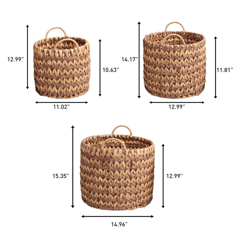 happimess BSK2022B-3SET Cassia Farmhouse Handwoven Two-Tone Water Hyacinth Nesting Storage Baskets with Handles, Seagrass Containers for Decoration in Living Room, Bedroom, Brown/Natural (Set of 3) - Image 4