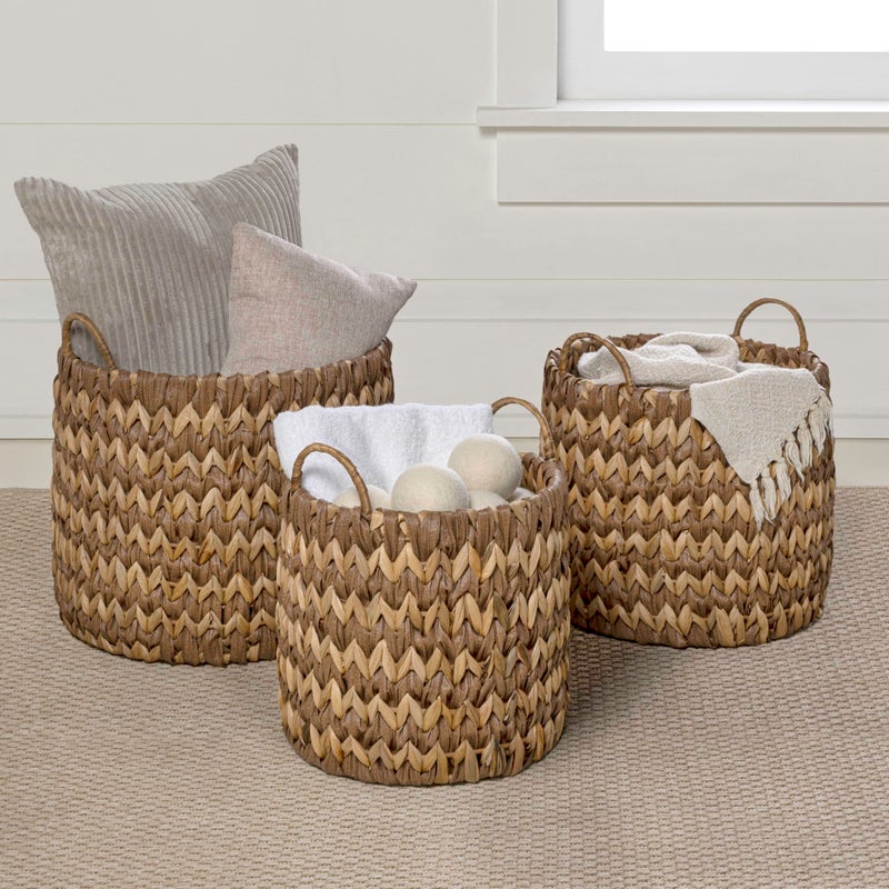 happimess BSK2022B-3SET Cassia Farmhouse Handwoven Two-Tone Water Hyacinth Nesting Storage Baskets with Handles, Seagrass Containers for Decoration in Living Room, Bedroom, Brown/Natural (Set of 3) - Image 5