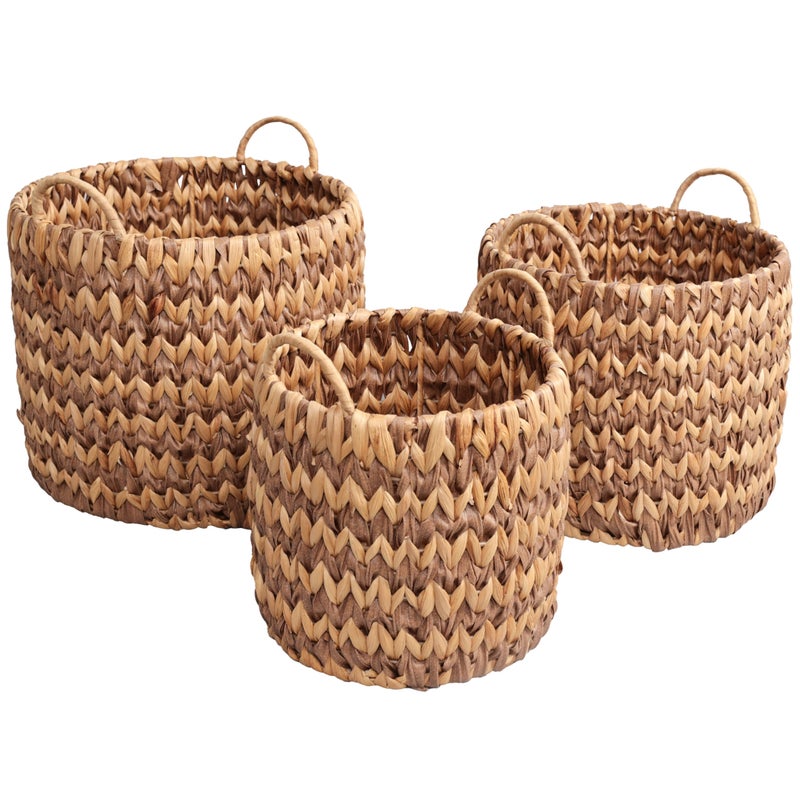 happimess BSK2022B-3SET Cassia Farmhouse Handwoven Two-Tone Water Hyacinth Nesting Storage Baskets with Handles, Seagrass Containers for Decoration in Living Room, Bedroom, Brown/Natural (Set of 3) - Image 1