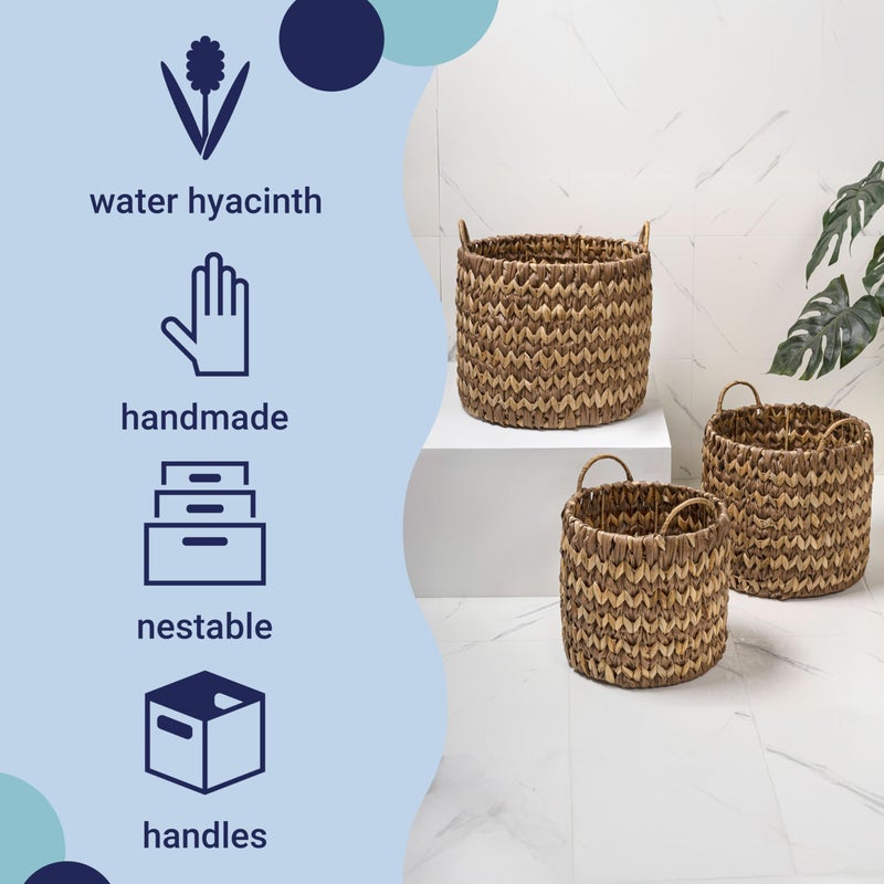 happimess BSK2022B-3SET Cassia Farmhouse Handwoven Two-Tone Water Hyacinth Nesting Storage Baskets with Handles, Seagrass Containers for Decoration in Living Room, Bedroom, Brown/Natural (Set of 3) - Image 3
