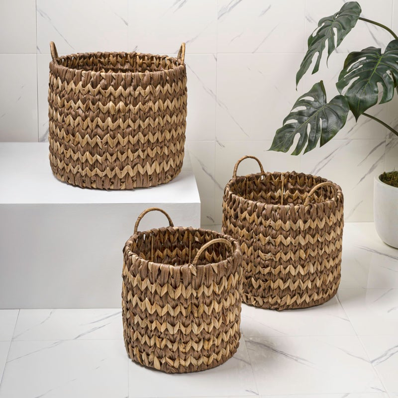 happimess BSK2022B-3SET Cassia Farmhouse Handwoven Two-Tone Water Hyacinth Nesting Storage Baskets with Handles, Seagrass Containers for Decoration in Living Room, Bedroom, Brown/Natural (Set of 3) - Image 2