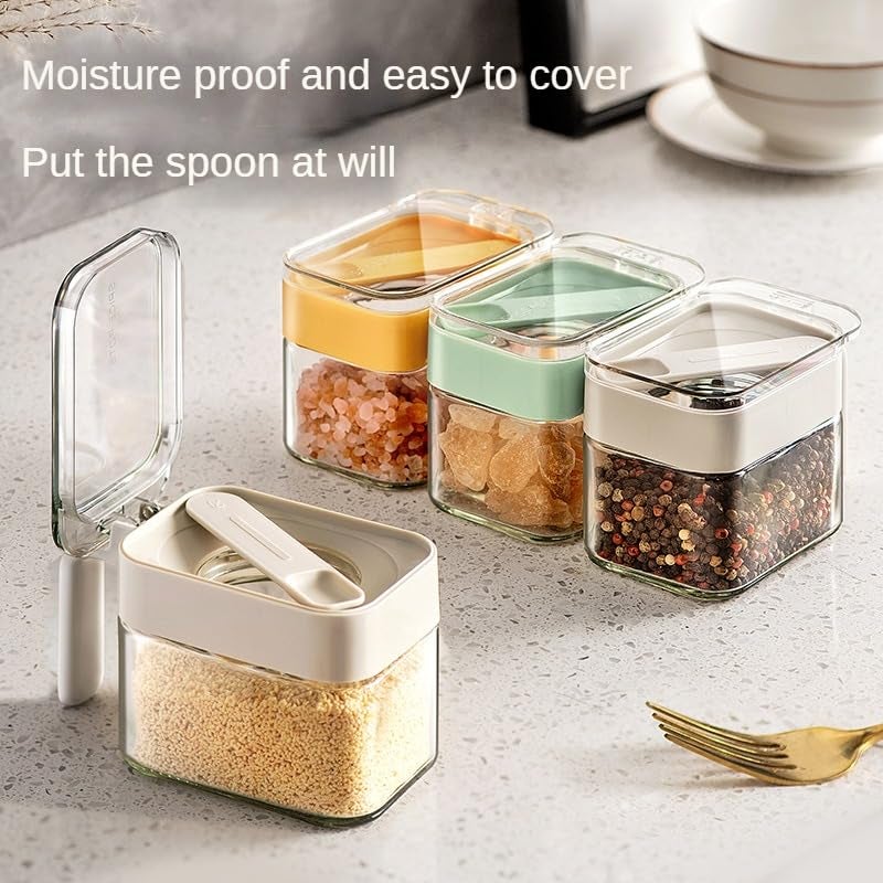 DAHUITX Condiment Jar Spice Container, Sugar and salt container setï¼ŒGlass Seasoning Box with Spoon Dustproof Lid and Handle,for Kitchen, Counter,Food Storage,10oz Set of 3(grey) - Image 2