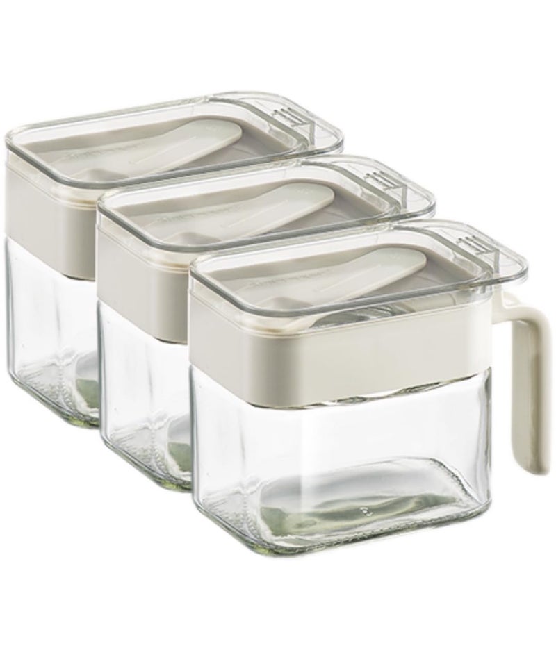 DAHUITX Condiment Jar Spice Container, Sugar and salt container setï¼ŒGlass Seasoning Box with Spoon Dustproof Lid and Handle,for Kitchen, Counter,Food Storage,10oz Set of 3(grey) - Image 1