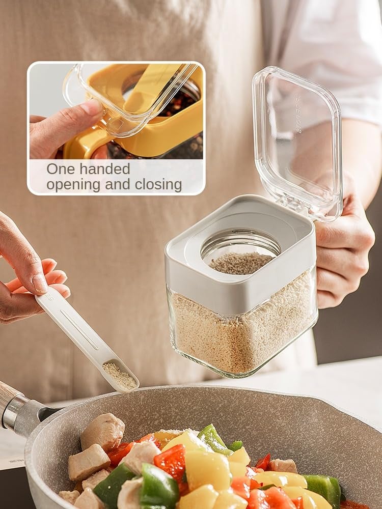 DAHUITX Condiment Jar Spice Container, Sugar and salt container setï¼ŒGlass Seasoning Box with Spoon Dustproof Lid and Handle,for Kitchen, Counter,Food Storage,10oz Set of 3(grey) - Image 3