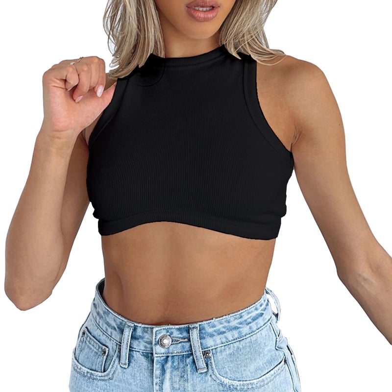 Dwnval Sexy Crop Tank Tops Sleeveless Crewneck Ribbed Knitted Top for Women(Black,S) - Image 1