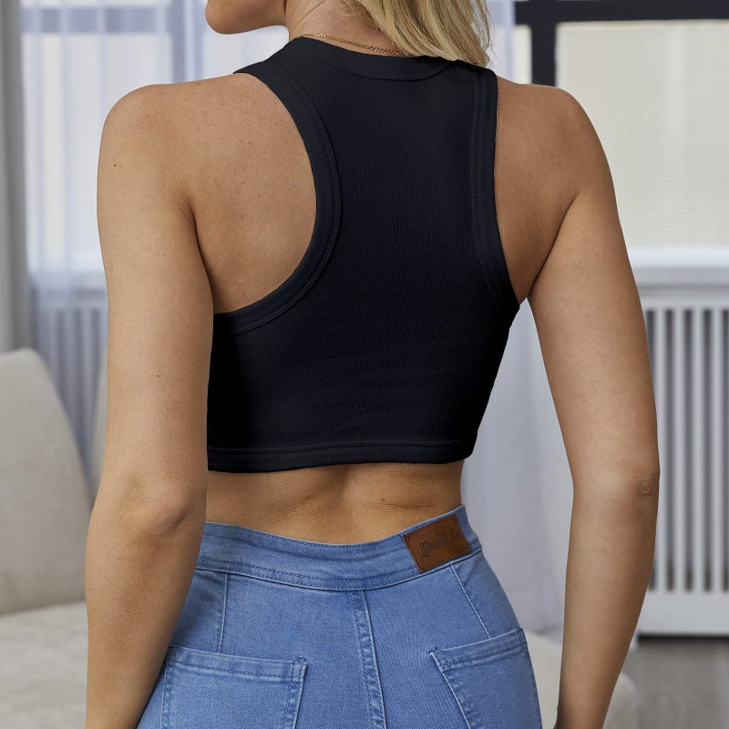 Dwnval Sexy Crop Tank Tops Sleeveless Crewneck Ribbed Knitted Top for Women(Black,S) - Image 2