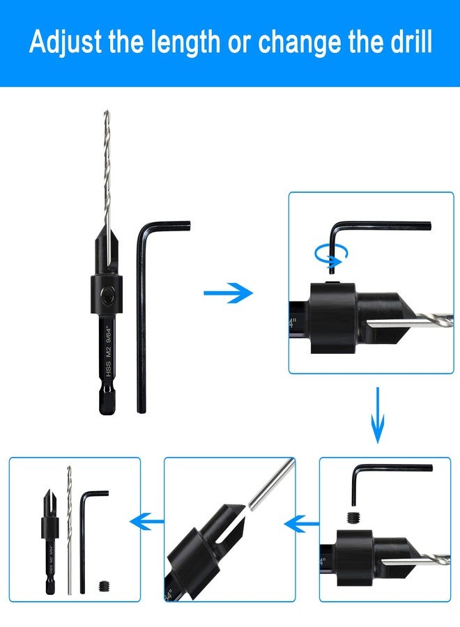 DKIBBITH 7 Pack Countersink Drill Bits Set, Wood Drill Countersink Counterbore 3in1, Three 82-Degree Chamfer Cutters, M2 Counterbore Cutting Depth Adjustable, with 2 Allen Wrenches and 1/4” Hex Shank - Image 4