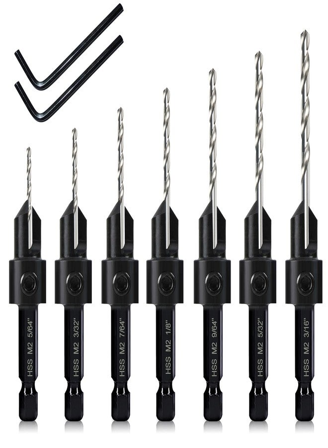 DKIBBITH 7 Pack Countersink Drill Bits Set, Wood Drill Countersink Counterbore 3in1, Three 82-Degree Chamfer Cutters, M2 Counterbore Cutting Depth Adjustable, with 2 Allen Wrenches and 1/4” Hex Shank - Image 1