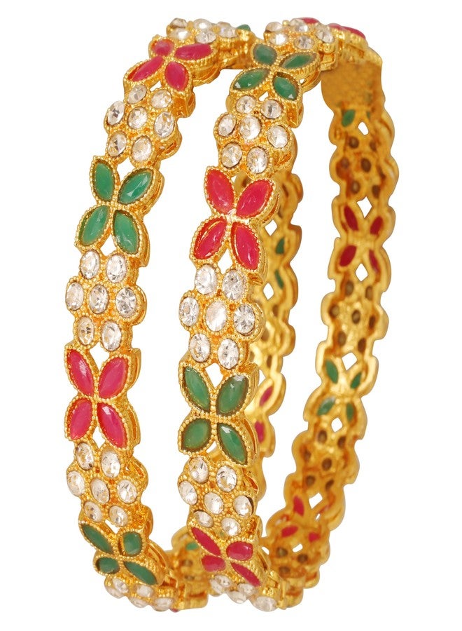 Touchstone Indian Bollywood Handcrafted Traditional Stylish Floral Faux Ruby Emerald Rhinestone Designer Jewelry Thick Bracelets Bangle in Gold Tone. Set of 2. for Women. - Image 1
