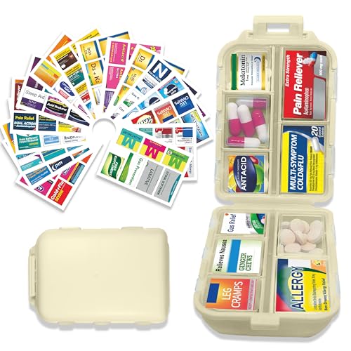 YIXIAN Pill Organizer with Medicine Labels 146 Labels Travel Daily Pill Container Mini Medication Organizer Storage Pill Organizer Travel Essentials Pill Case 7 Day Beige 1 PackLarge - Image 2