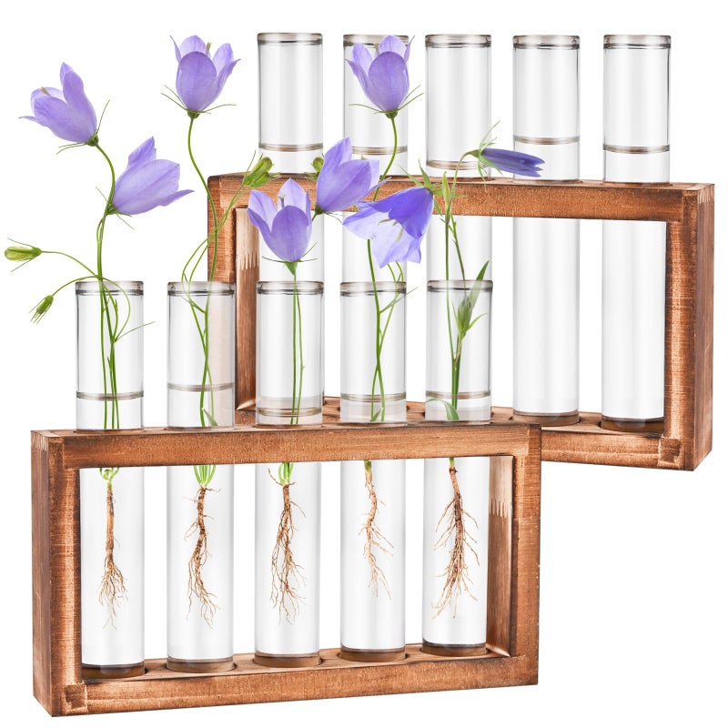 Tigvio 2pcs Desktop Glass Plant Propagation Station with 10 Test Tubes in Wooden Stand Hydroponic Plants Cutting Office Home Decoration and Garden Decor Terrarium 10 Tubes - Image 2