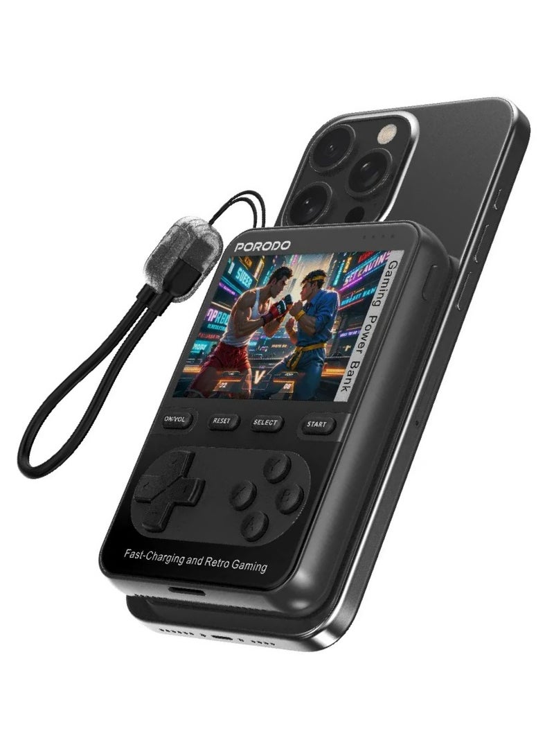 porodo Arcadevolt Console with Built-in 100+Classic Game and 10000 mAh MagSafe Power Bank / 2.8 inch HD Screen / PD 20W Fast Charger Powerbank 10000mAh Bulit in Games / Wireless Charger / with Type-C Lanyard Cable - Black - Image 2