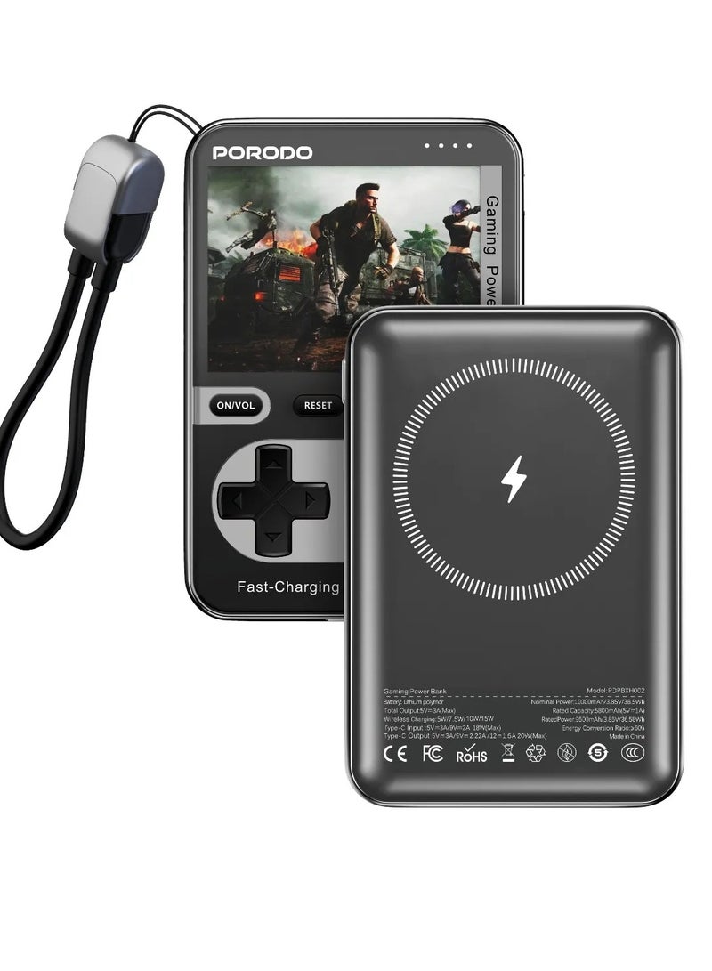 porodo Arcadevolt Console with Built-in 100+Classic Game and 10000 mAh MagSafe Power Bank / 2.8 inch HD Screen / PD 20W Fast Charger Powerbank 10000mAh Bulit in Games / Wireless Charger / with Type-C Lanyard Cable - Black - Image 4