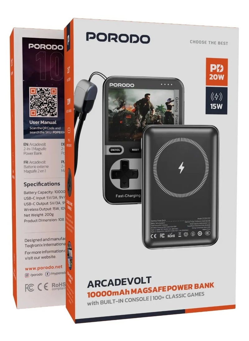 porodo Arcadevolt Console with Built-in 100+Classic Game and 10000 mAh MagSafe Power Bank / 2.8 inch HD Screen / PD 20W Fast Charger Powerbank 10000mAh Bulit in Games / Wireless Charger / with Type-C Lanyard Cable - Black - Image 5