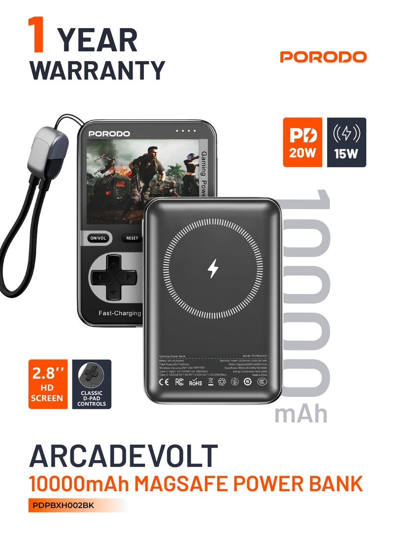 porodo Arcadevolt Console with Built-in 100+Classic Game and 10000 mAh MagSafe Power Bank / 2.8 inch HD Screen / PD 20W Fast Charger Powerbank 10000mAh Bulit in Games / Wireless Charger / with Type-C Lanyard Cable - Black - Image 1