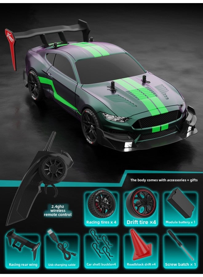 RC1:14 4-wheel Drive Remote Control High-speed Drift Car GTR Sports Car Light Boy Toy Remote Control Racing Car-Color:1:14 Green Wild Horse-Scale:Dual Battery Board  - Image 1